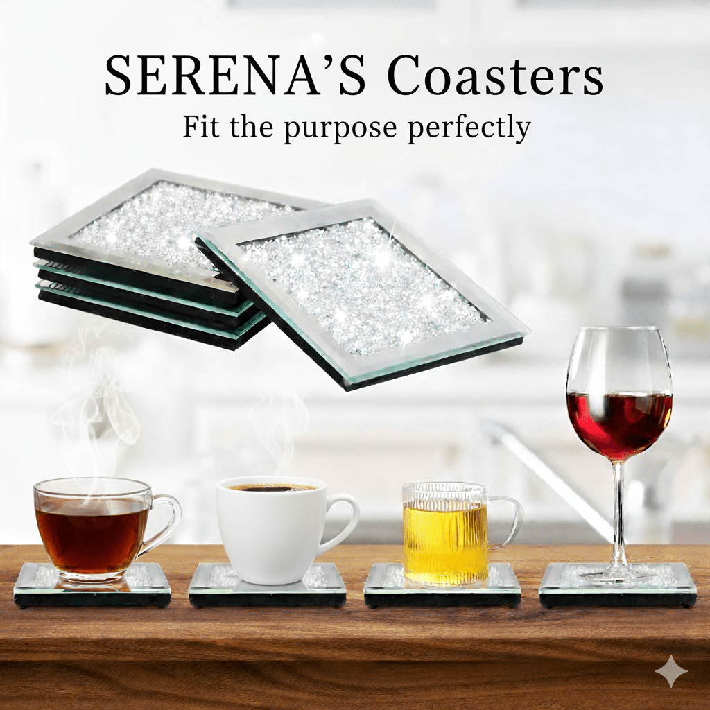Serena's® Set of 4 Crystal Coasters – 10cm Glass Mirrored Drink Coasters with Glitter Crushed Diamond Design – Elegant Coasters for Home, Kitchen, Bar, or Table Decoration
