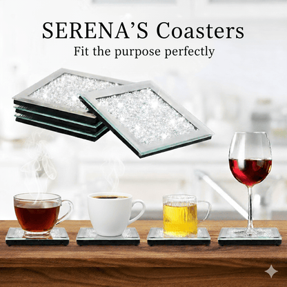 Serena's® Set of 4 Crystal Coasters – 10cm Glass Mirrored Drink Coasters with Glitter Crushed Diamond Design – Elegant Coasters for Home, Kitchen, Bar, or Table Decoration