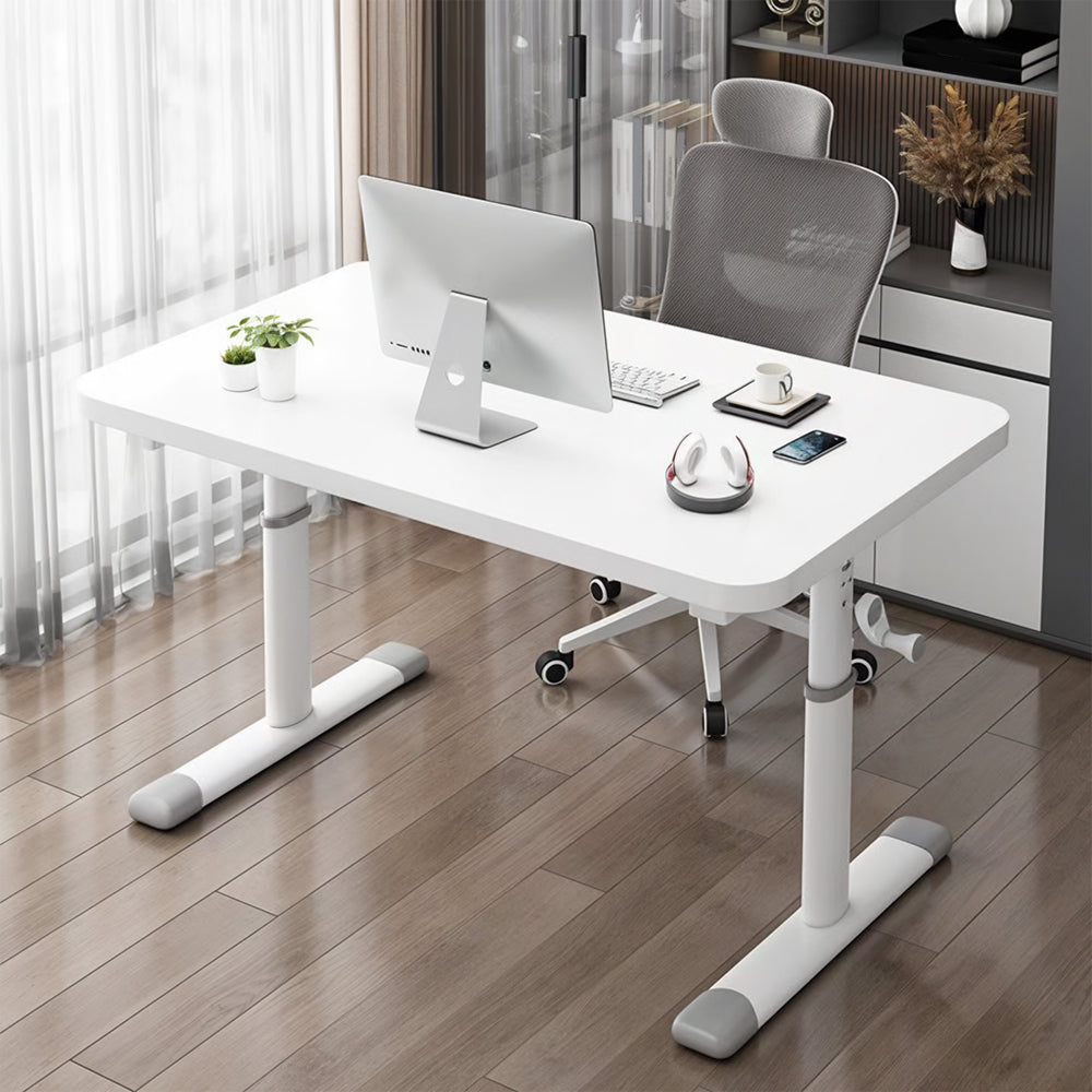 Premium Manual Adjustable Desk 60-90cm - Ergonomic Workstation with Crank Handle & Reinforced Base, Gaming & Home Office Desk, White Compact Study Table (Easy Assembly)