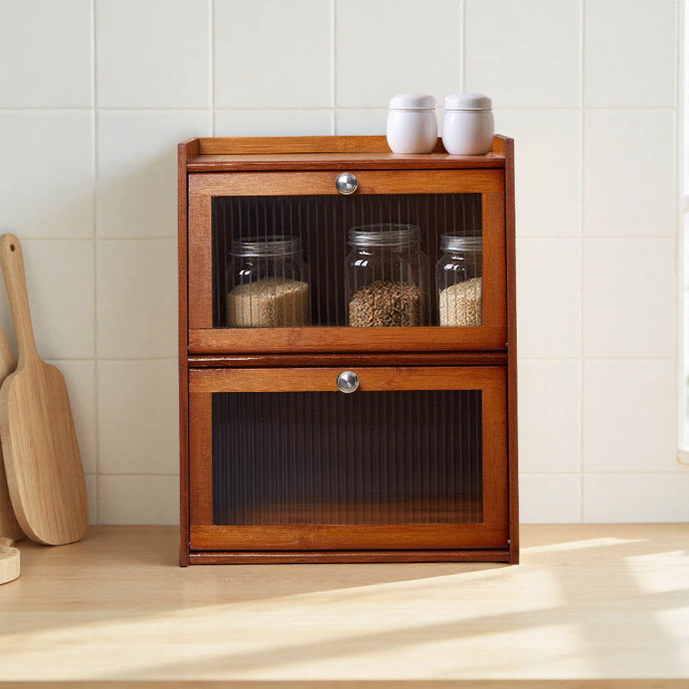 1pc 2-Tier/3-Tier Kitchen Spice Rack, Countertop Storage Shelf, Multi-Functional Organizer with Transparent Door, High Quality Bamboo Material, Natural/Brown