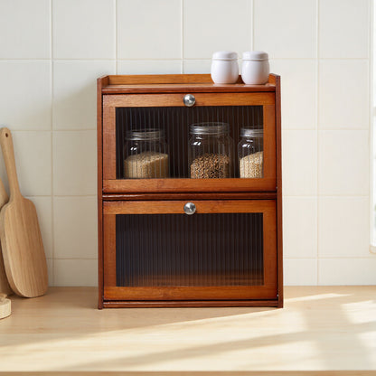 1pc 2-Tier/3-Tier Kitchen Spice Rack, Countertop Storage Shelf, Multi-Functional Organizer with Transparent Door, High Quality Bamboo Material, Natural/Brown