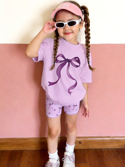 2pcs Set of Casual Loose-fitting Round-neck Short-sleeve T-shirt and Shorts for Girls Aged 1-6, Featuring Cute Heart and Bowknot Prints, Suitable for Daily Wear, Outings, Home, and School in Spring and Summer, Perfect for Outdoor