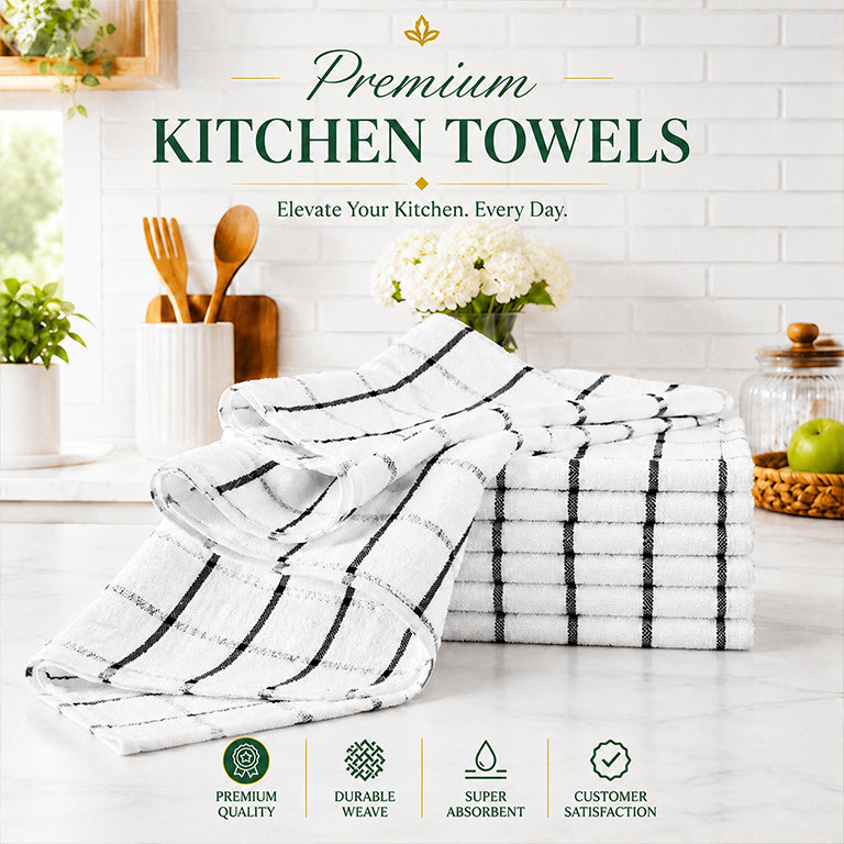 12 Pack white Kitchen Towels with black checkered stripe patterns set 60x40cm, Bulk Cleaning Towels, Cotton Soft Dish Cloths, Plaid and Checkered Tea Towels for Kitchen Cleaning and Daily Household Use