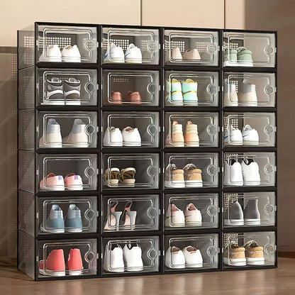 Folding Shoe Storage Box, 12 Pack Clear Transparent Shoe Storage Boxes Hard Plastic Stackable Organiser Containers Bins, DIY Easy Assembly, Sturdy & Durable, Space Saving, Black Door Frame, Foldable and Versatile for Sneakers, Fit up to UK Size 9.5
