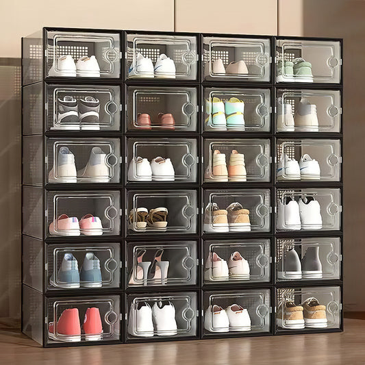 Folding Shoe Storage Box, 12 Pack Clear Transparent Shoe Storage Boxes Hard Plastic Stackable Organiser Containers Bins, DIY Easy Assembly, Sturdy & Durable, Space Saving, Black Door Frame, Foldable and Versatile for Sneakers, Fit up to UK Size 9.5