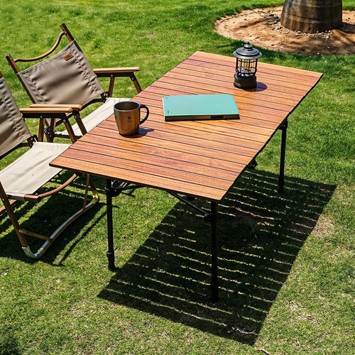 Adjustable Height Folding Table 50-80cm | Carbon Steel Frame | Removable Mesh Pocket | Non-Slip Feet | Indoor Outdoor Dining Party Camping Table | Black & Wood Grain