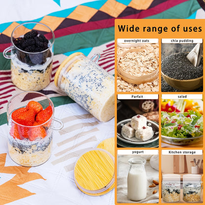 Overnight Oatmeal Container with Lid, 4pcs 17oz Overnight Oatmeal Jar (with Scoop), Salad Meal Prep Jar with Bamboo Lid (for Chia Seed Pudding Salad Cereal Coffee Powder), Sourdough Fermenter for Bread