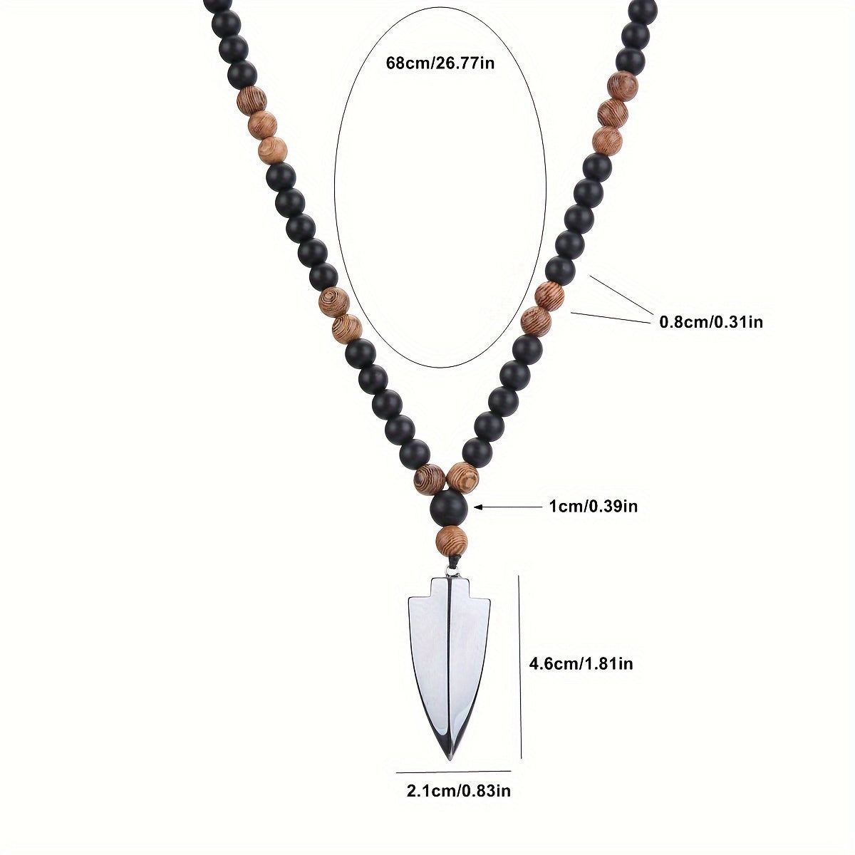 8Mm Matte Black Chicken Wing Wood Round Bead Necklace with Black Obsidian Arrowhead Pendant, Suitable for Both Men And Women