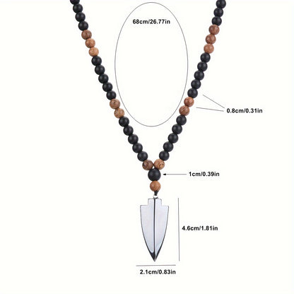 8Mm Matte Black Chicken Wing Wood Round Bead Necklace with Black Obsidian Arrowhead Pendant, Suitable for Both Men And Women