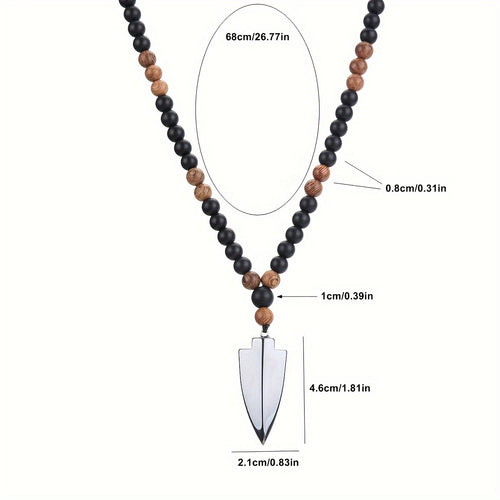 8Mm Matte Black Chicken Wing Wood Round Bead Necklace with Black Obsidian Arrowhead Pendant, Suitable for Both Men And Women