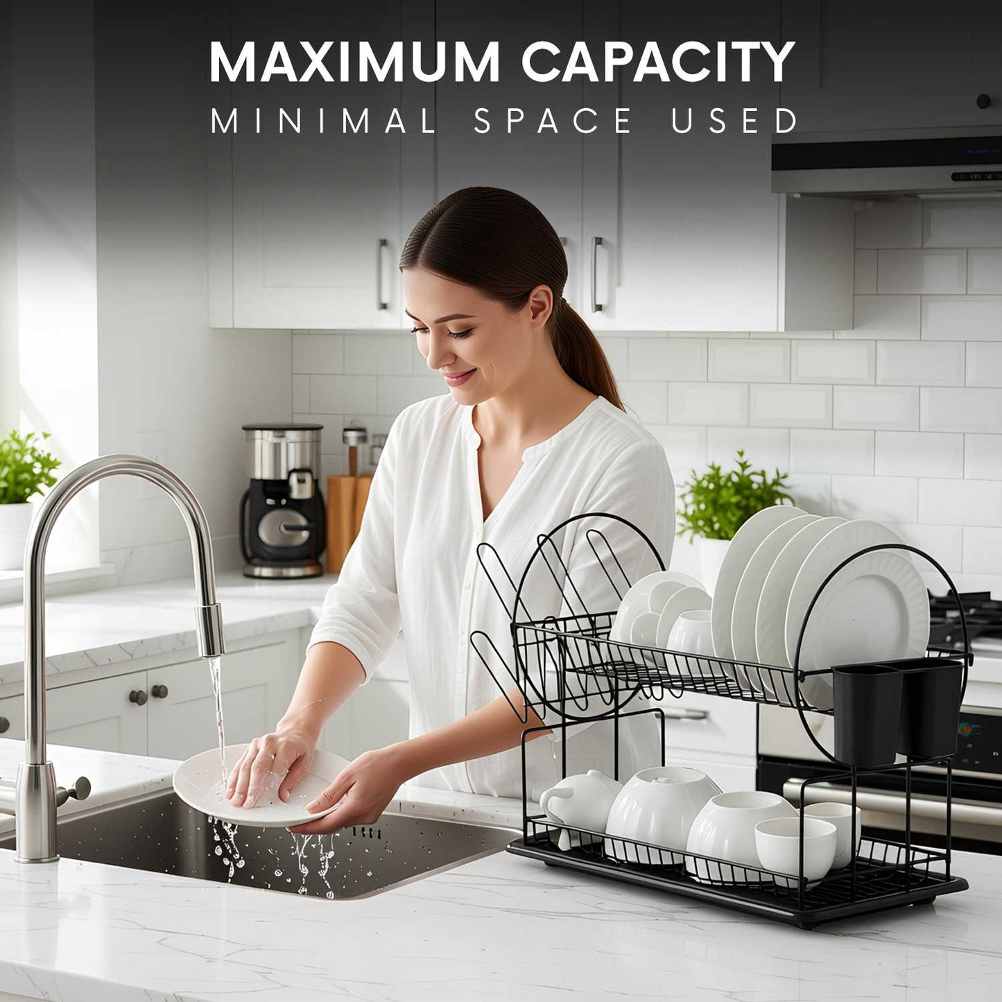 AEX 2 Tier Dish Drainer Rack – Stainless Steel Kitchen Counter Dish Drying Rack with Drip Tray, Cutlery Holder and Cup Holder