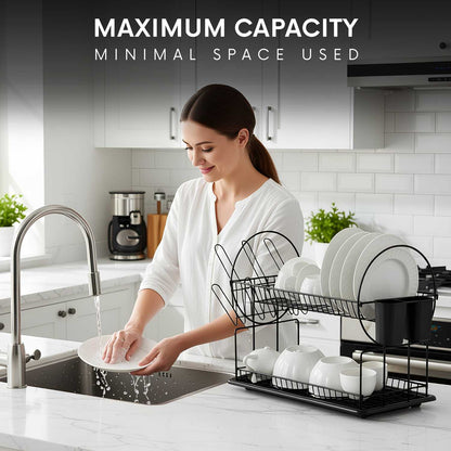 AEX 2 Tier Dish Drainer Rack – Stainless Steel Kitchen Counter Dish Drying Rack with Drip Tray, Cutlery Holder and Cup Holder