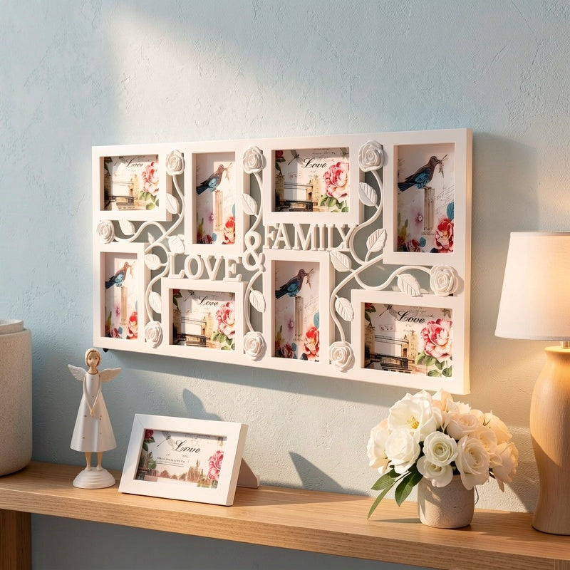 Elegant White Floral & Bird Design Photo Frame - Modern Wall-Mounted Display, Holds 8 Pictures, Easy No-Damage Installation, Perfect for Living Room & Office Decor
