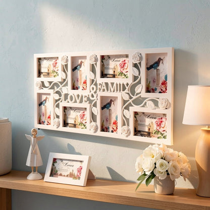 Elegant White Floral & Bird Design Photo Frame - Modern Wall-Mounted Display, Holds 8 Pictures, Easy No-Damage Installation, Perfect for Living Room & Office Decor