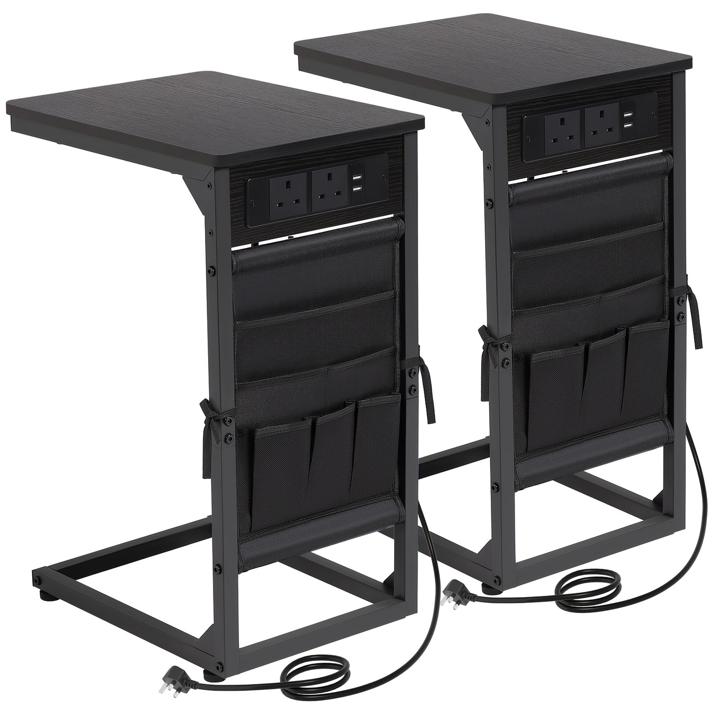 1pc/2pcs C-Shape Side Table with Charging Station, Bedside Table with Storage Bag, Coffee Table with Metal Frame for Living Room, Bedroom, Office