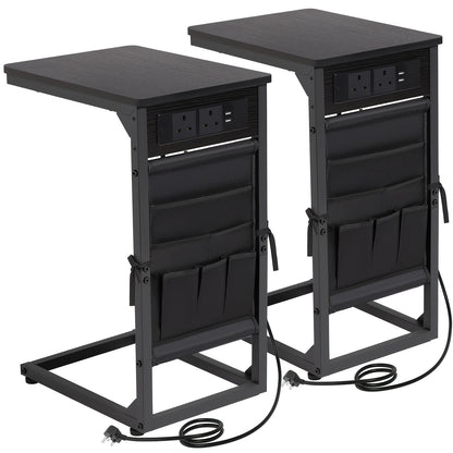 1pc/2pcs C-Shape Side Table with Charging Station, Bedside Table with Storage Bag, Coffee Table with Metal Frame for Living Room, Bedroom, Office