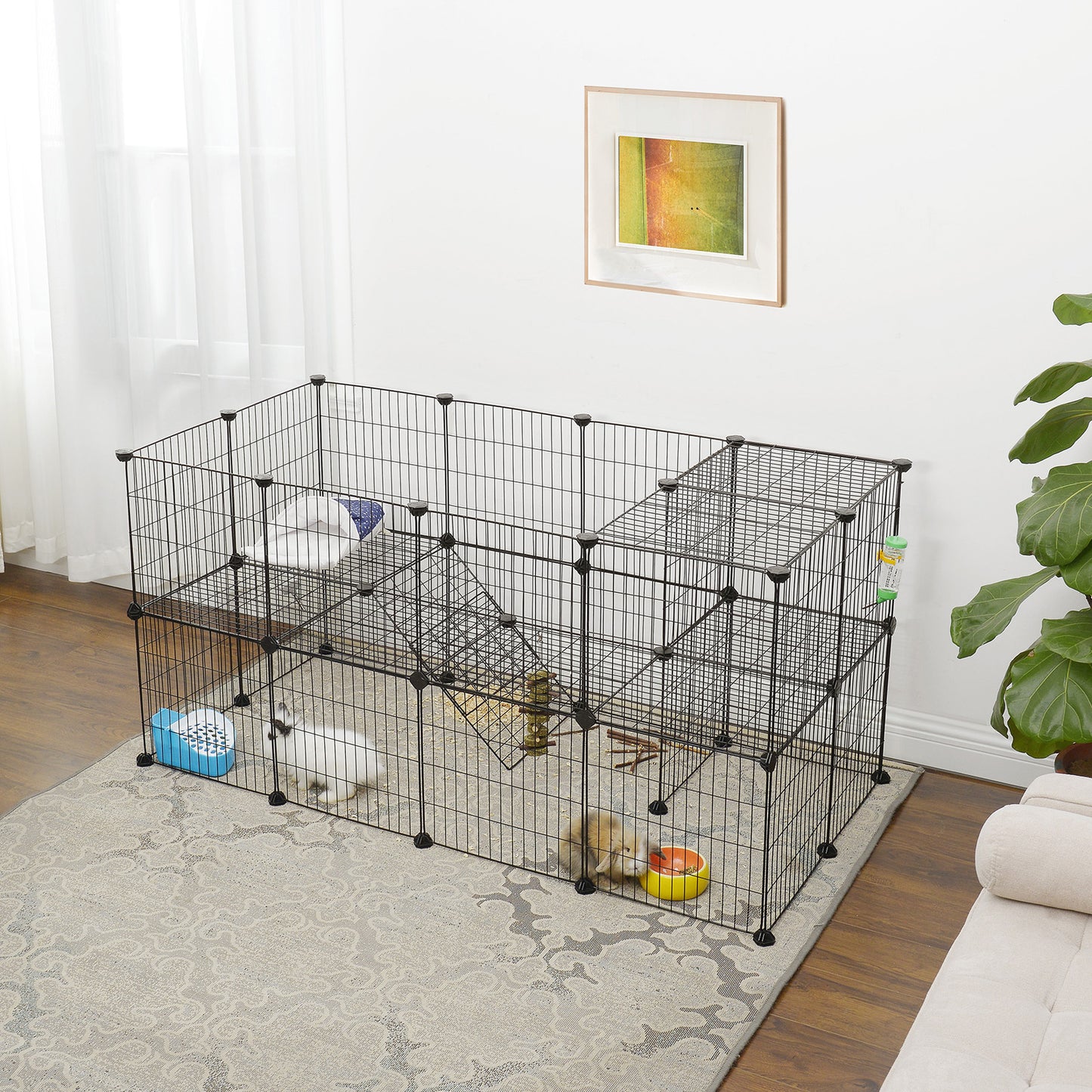 2-Floor Metal Pet Playpen, 36 Grid Panels, Customisable Cage Enclosure for Small Animals, Guinea Pigs Hamster Runs, Rabbit Hutches, Includes Mallet, Indoor, 143 x 73 x 71 cm, White/Black