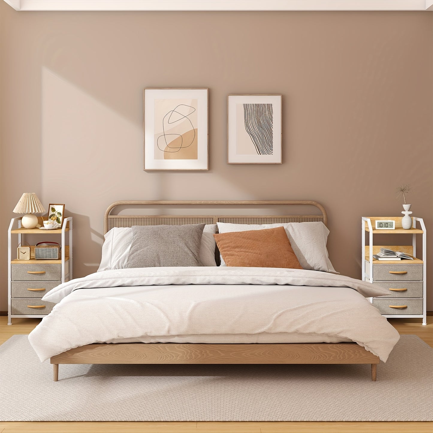 Modern End Table with 3 Fabric Drawers & 2 Open Shelves - Metal Frame Bedside Table, Light Beige Finish, 68.58cm Height, 3, 2 Cu Ft Storage, Easy Assembly for Bedroom & Living Room, Bedroom Nightstand, Contemporary Design, Sturdy Construction, Minimalist
