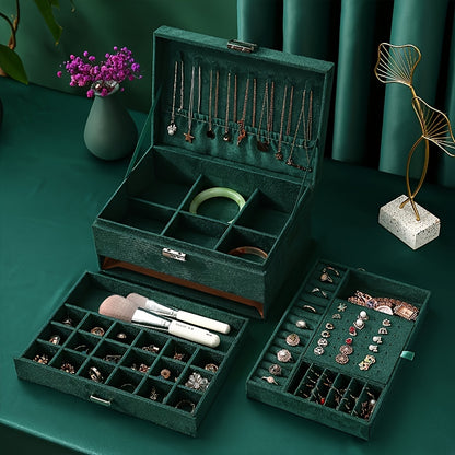 1 Deep Green Luxury Jewelry Storage Box for s, High-End Three-Tier Drawer Jewelry Organizer with Large Capacity, Ideal Gift Choice for Necklaces, Earrings, Rings, and Bracelets