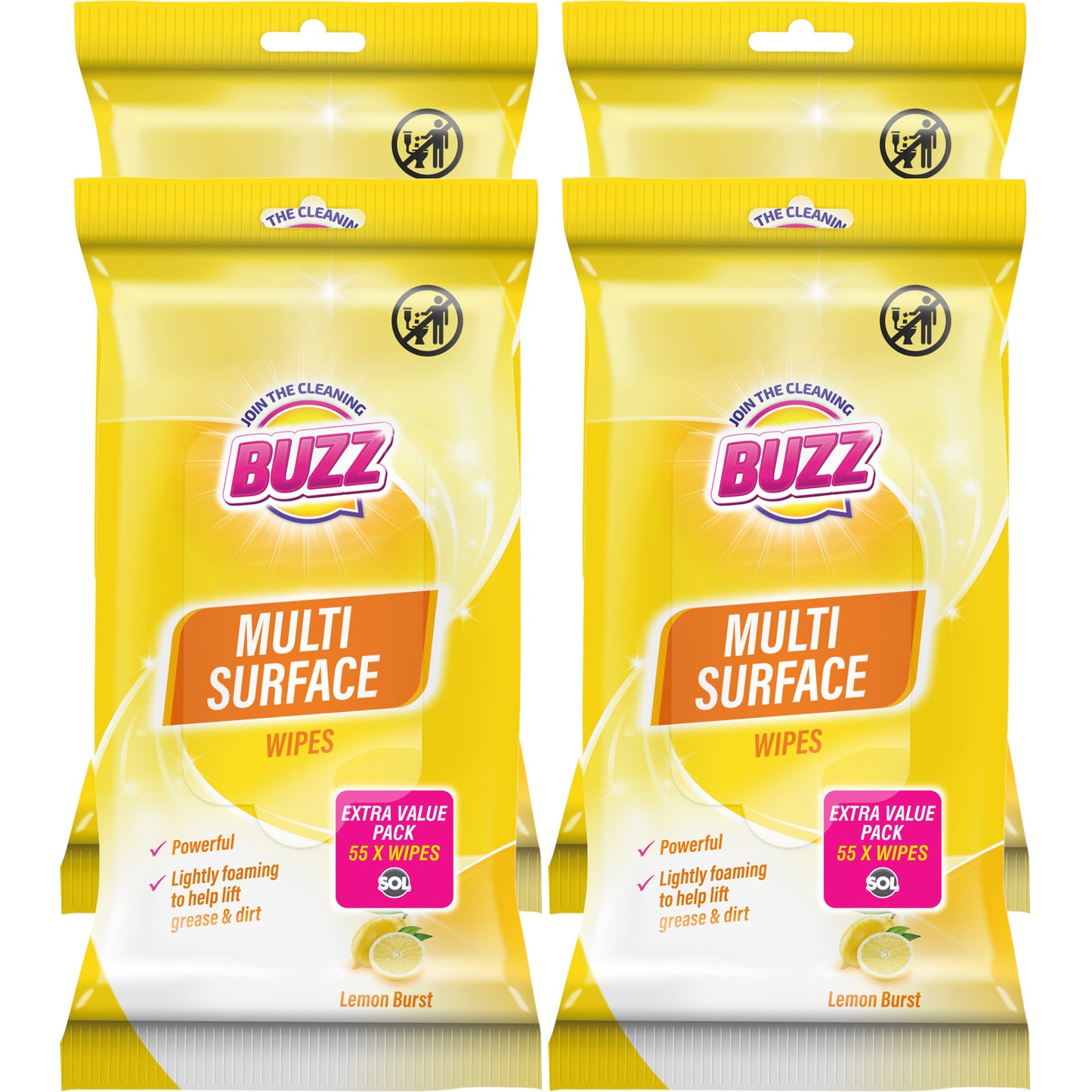 Buzz 220 Pack Multi-Surface Cleaning Wipes – Lemon Scent | 4 × 55 Packs Household Multipurpose Wipes for Kitchen, Bathroom & Floor | Quick & Easy Spill Cleanup | Durable All-Purpose Wipes for Everyday Messes | Fresh Smelling Home & Office Cleaning Solutio