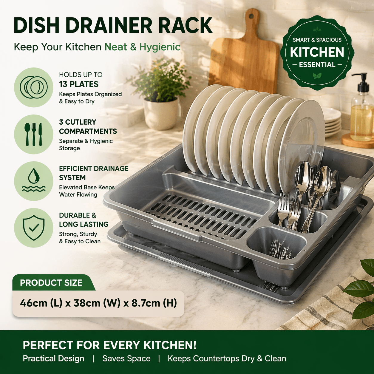 STL Plastic Dish Drainer with Anti-Drip Tray, Capacity for 13 Plates, 5 Color Options, Food Grade, BPA Free, Kitchen Organizer (Grey)