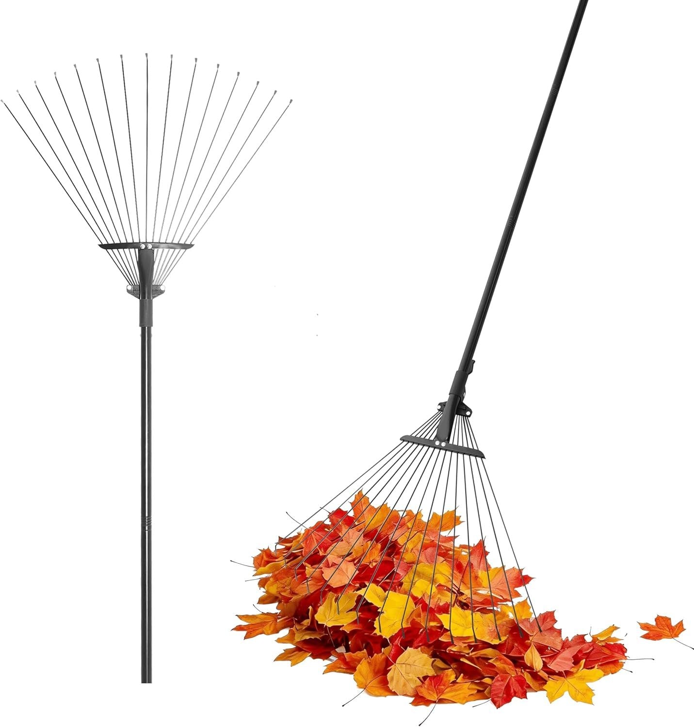 Leaf Rake, 15 Metal Tines, Adjustable Garden Rake with 20-60 cm Wide Head and 81-170 cm Handle, Tool for Removing Leaves in Gardening, Patio, Lawn