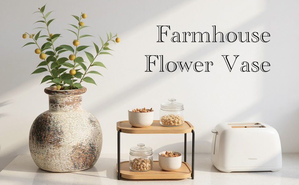 Ceramic Rustic Farmhouse Vase 6 Inch Terracotta Boho Flower Vase Decorative for Dried Flowers Home Decor Living Room Table Shelf Mantel Decoration (D5 x H6 inch)
