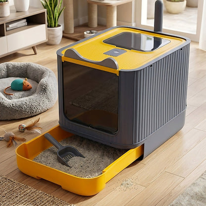 Enclosed Cat Litter Box with UV Sterilisation & Deodoriser | Large Hooded Cat Toilet with Drawer Tray & Scoop | Anti-Splash Odour Control Litter Tray | 44.5x36.5x34.5cm | Grey