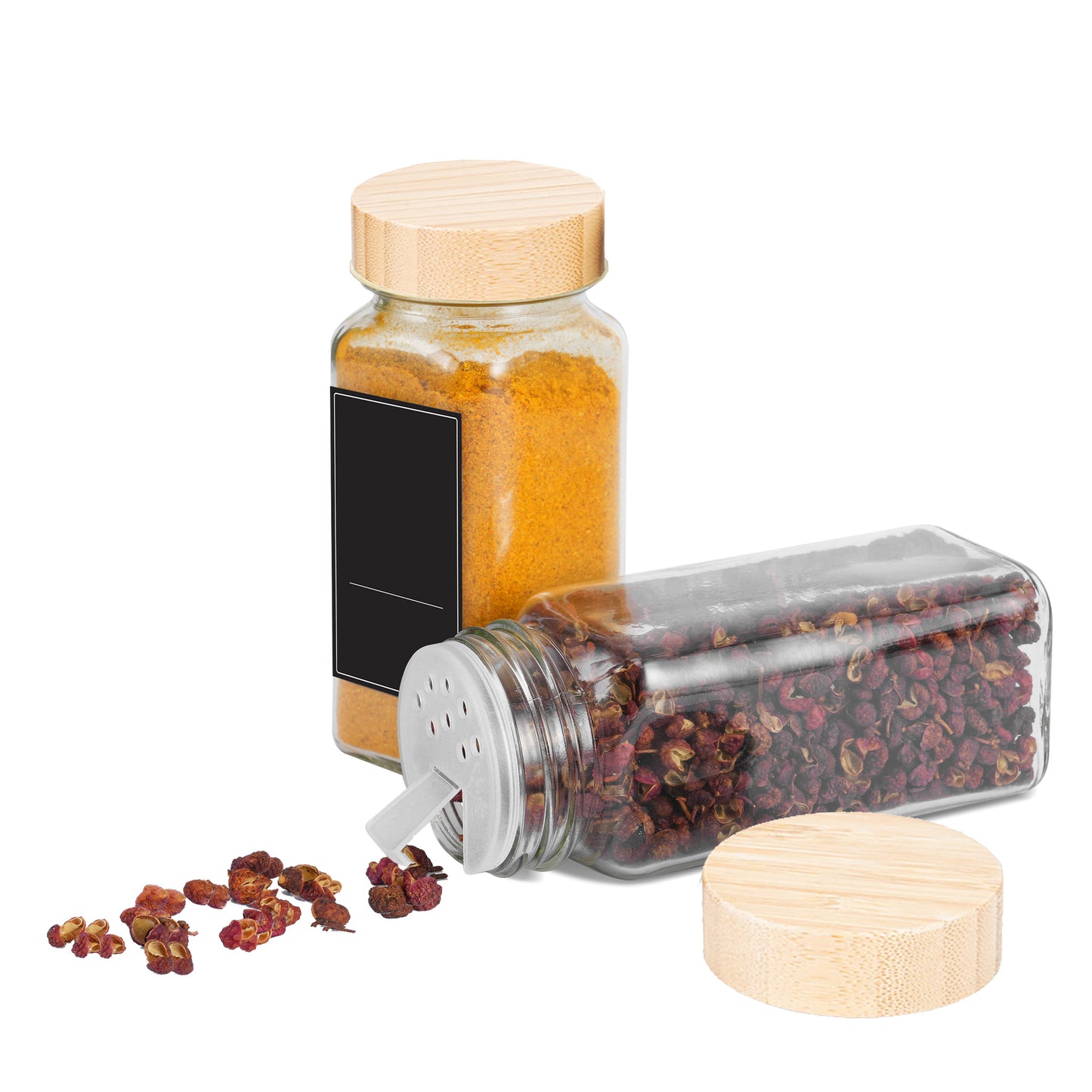 Square Glass Spice Jars 120ml Airtight Set of 12 or 24 with 3 Lid Types Black Labels Marker Pen Funnel & Brush Seasoning Storage