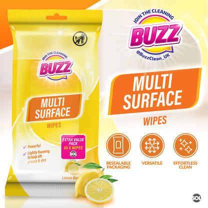Buzz 220 Pack Multi-Surface Cleaning Wipes – Lemon Scent | 4 × 55 Packs Household Multipurpose Wipes for Kitchen, Bathroom & Floor | Quick & Easy Spill Cleanup | Durable All-Purpose Wipes for Everyday Messes | Fresh Smelling Home & Office Cleaning Solutio