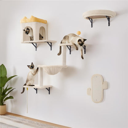 Costoffs Cat Tree Wall-Mounted Cat Furniture, Cat Wall Shelves & Perches, Climbing Shelves, Indoor Cat Tower, Wall-Mounted Cat Climbing Tree Set with Condos, Baskets & Scratching Posts, Space-Saving Cat Wall Furniture for Indoor Cats, Beige/Dark Gray