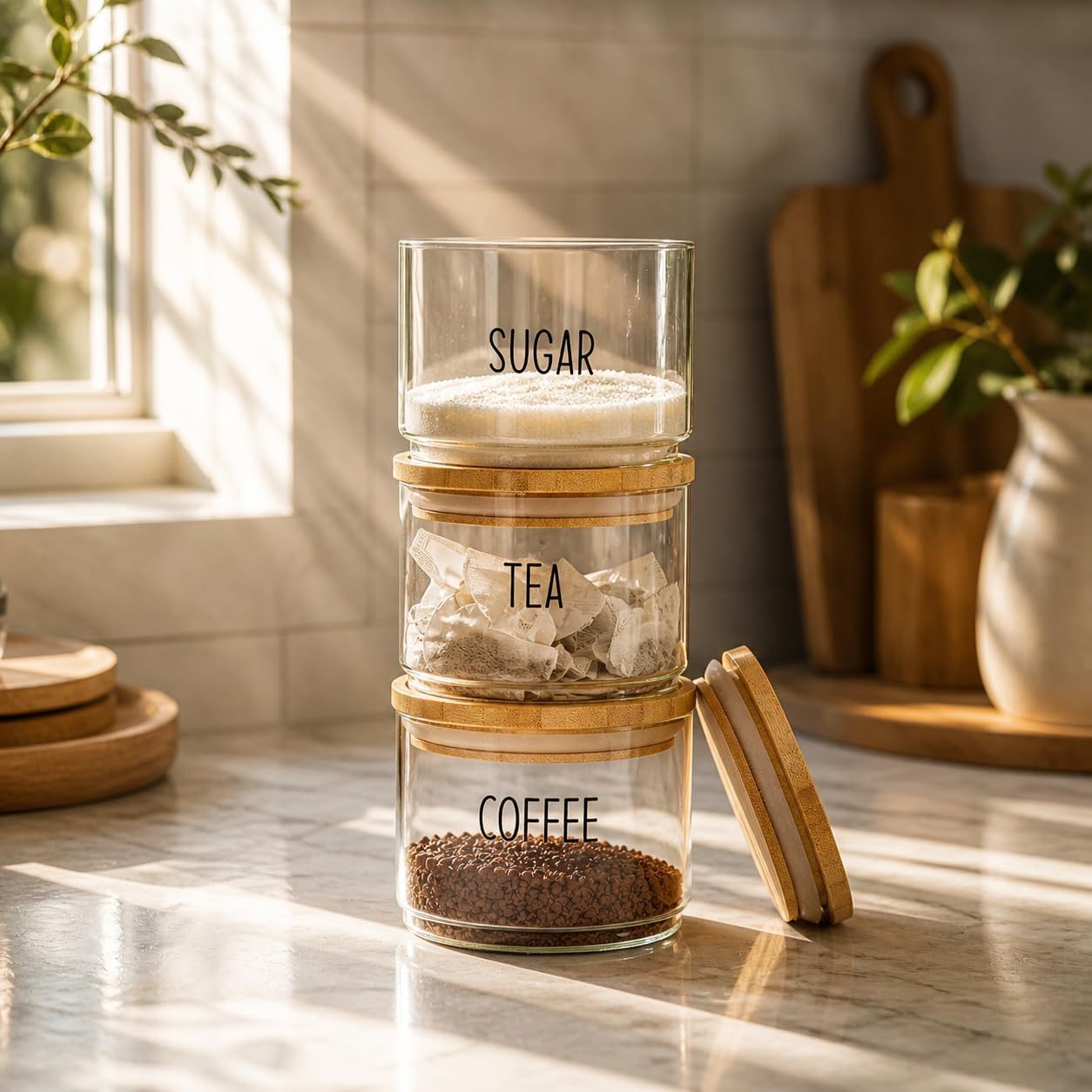 Set of 3 Stackable Glass Storage Jars with Airtight Bamboo Lids – Clear Kitchen Storage Canisters for Tea, Coffee, Sugar, Space-Saving Pantry Organiser