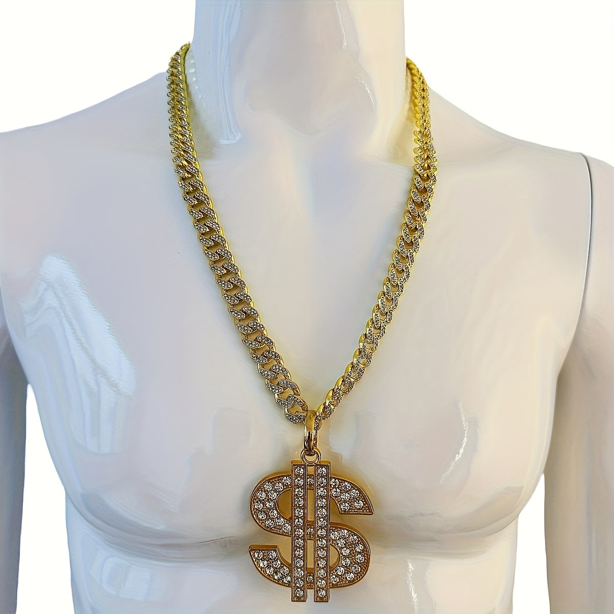 Large and Heavy US Dollar Symbol Pendant,  18K Gold Plated Alloy 18K Gold Plated-plated Cuban Chain Necklace with 12mm Full, Men's Hip-hop Style Ring Combination
