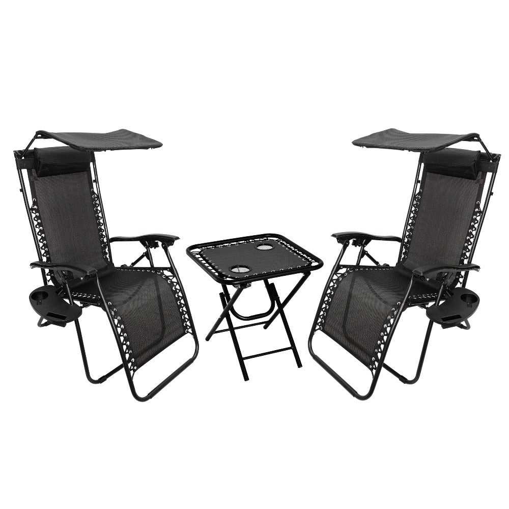 Zero Gravity Sun Lounger Set 3 Piece with Folding Table Canopy Shade Cup Holder Reclining Garden Patio Beach Chairs Breathable Mesh Black