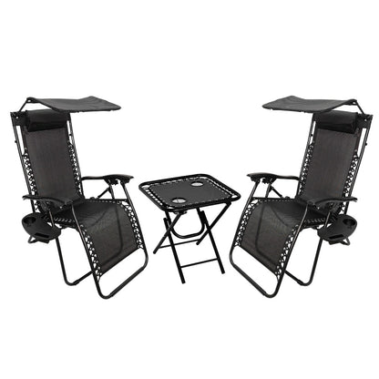 Zero Gravity Sun Lounger Set 3 Piece with Folding Table Canopy Shade Cup Holder Reclining Garden Patio Beach Chairs Breathable Mesh Black