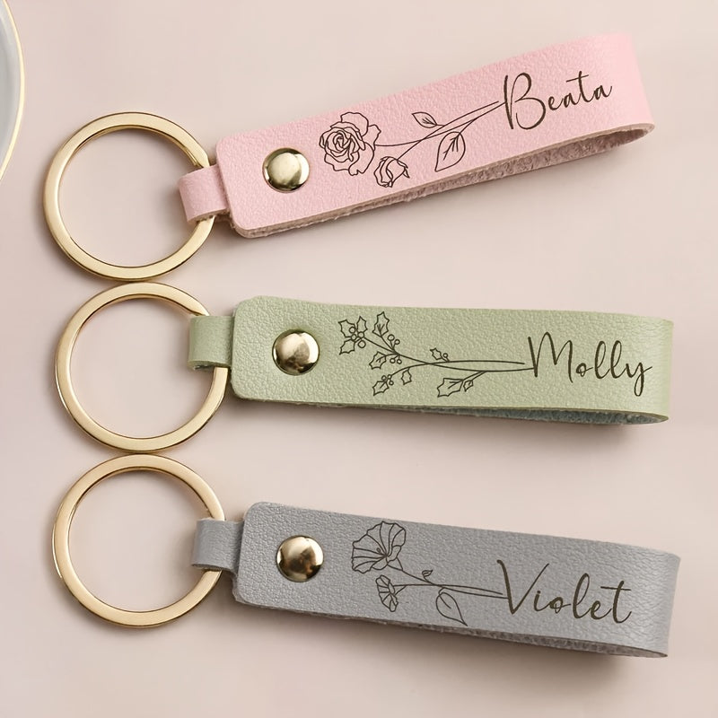 [Custom Leather Keychain] Personalized Leather Keychain - Custom Birth Flower Key Ring, Name Keychain, Bag Tag - Ideal for Women, Anniversary, Bridesmaid Gifts - Single