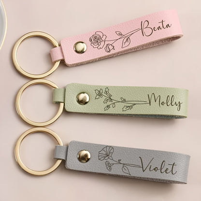[Custom Leather Keychain] Personalized Leather Keychain - Custom Birth Flower Key Ring, Name Keychain, Bag Tag - Ideal for Women, Anniversary, Bridesmaid Gifts - Single