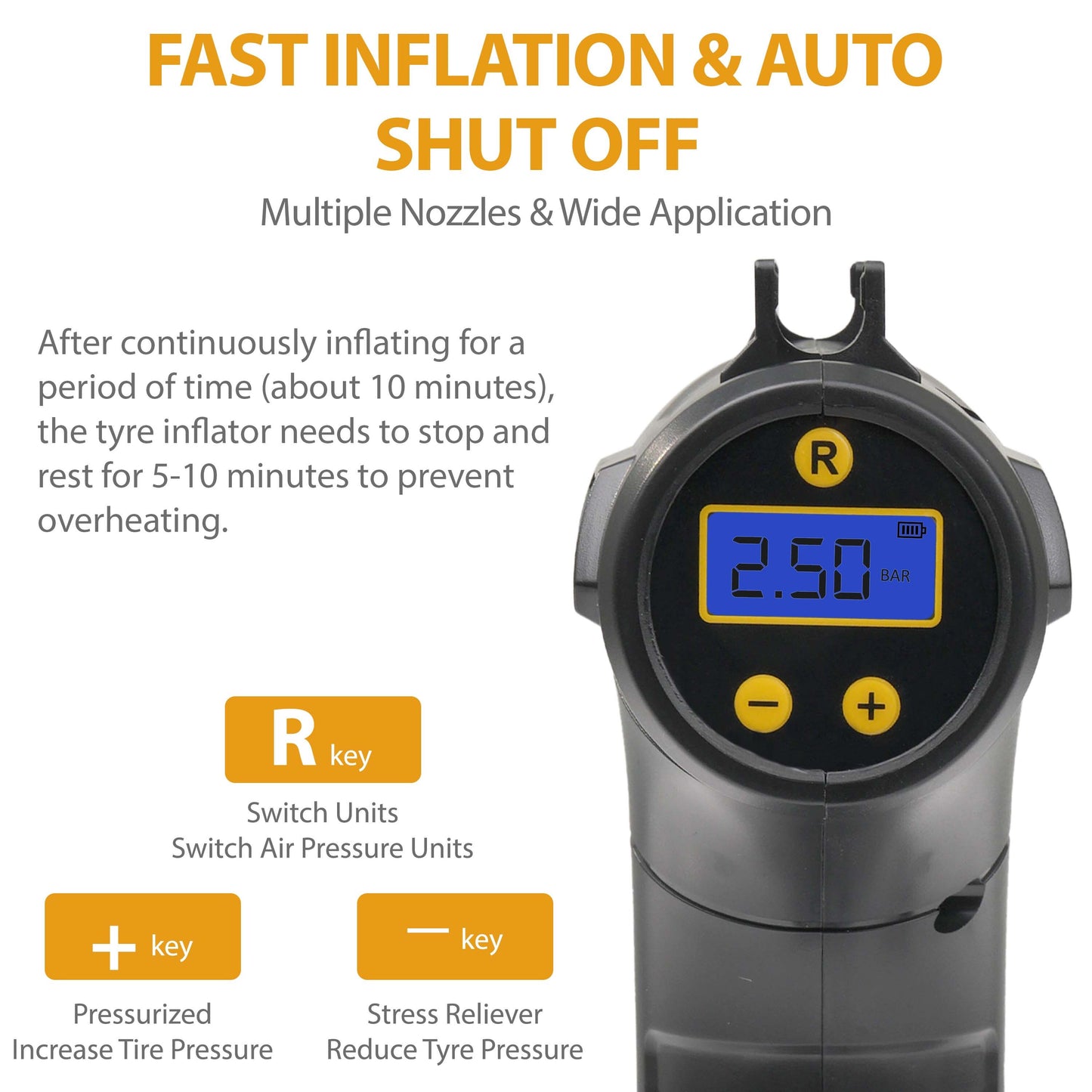 Cordless Digital Tyre Inflator USB Rechargeable 150PSI Auto Shut-Off with LCD Display & LED Light – Portable Air Compressor with 3 Nozzle Adaptors for Car, Motorcycle, Bicycle & Inflatables