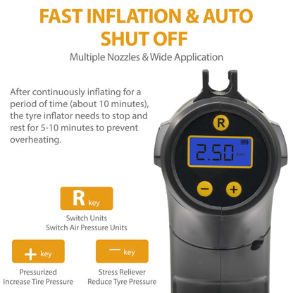 Cordless Digital Tyre Inflator USB Rechargeable 150PSI Auto Shut-Off with LCD Display & LED Light – Portable Air Compressor with 3 Nozzle Adaptors for Car, Motorcycle, Bicycle & Inflatables