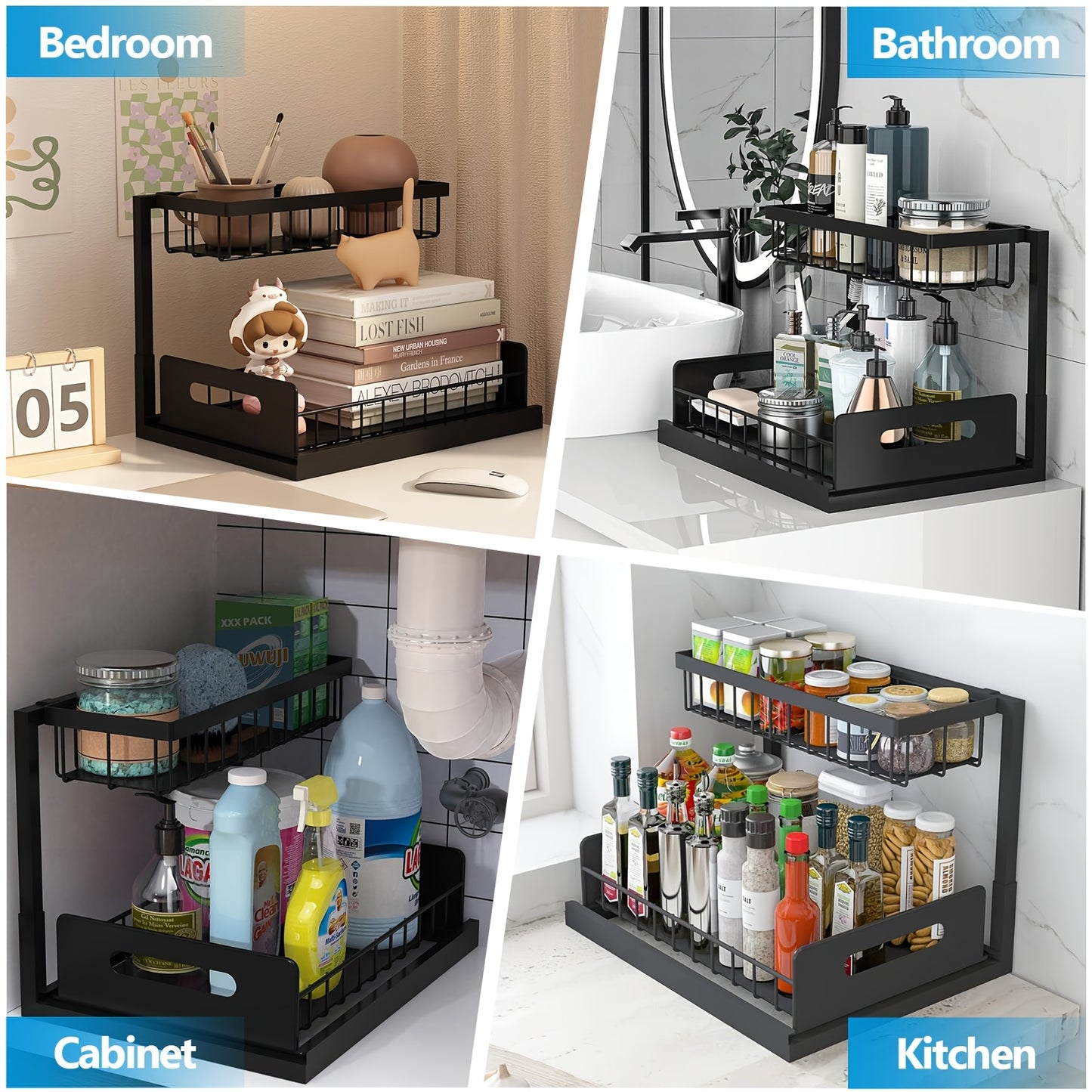 2pcs/1pc Metal Storage Rack, Practical Storage Rack for Sink, Kitchen, Office, Double-Layer Pull-Out Design, Kitchen And Home Storage, Storage Basket