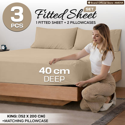 3pcs 40cm Extra Deep Fitted Sheet – Solid Color Soft & Comfortable Bed Sheet with 2pcs Matching Pillowcases, Breathable Fabric Soft Brushed Microfiber Bedding, Machine Washable for Home Bedroom, Hotel
