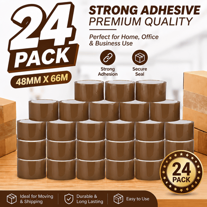 Brown Packing Tape 48mm x 66m 24 Pack – Strong Adhesive Parcel Sealing Tape for Boxes, Shipping, Moving, Warehouse & E-Commerce Packaging