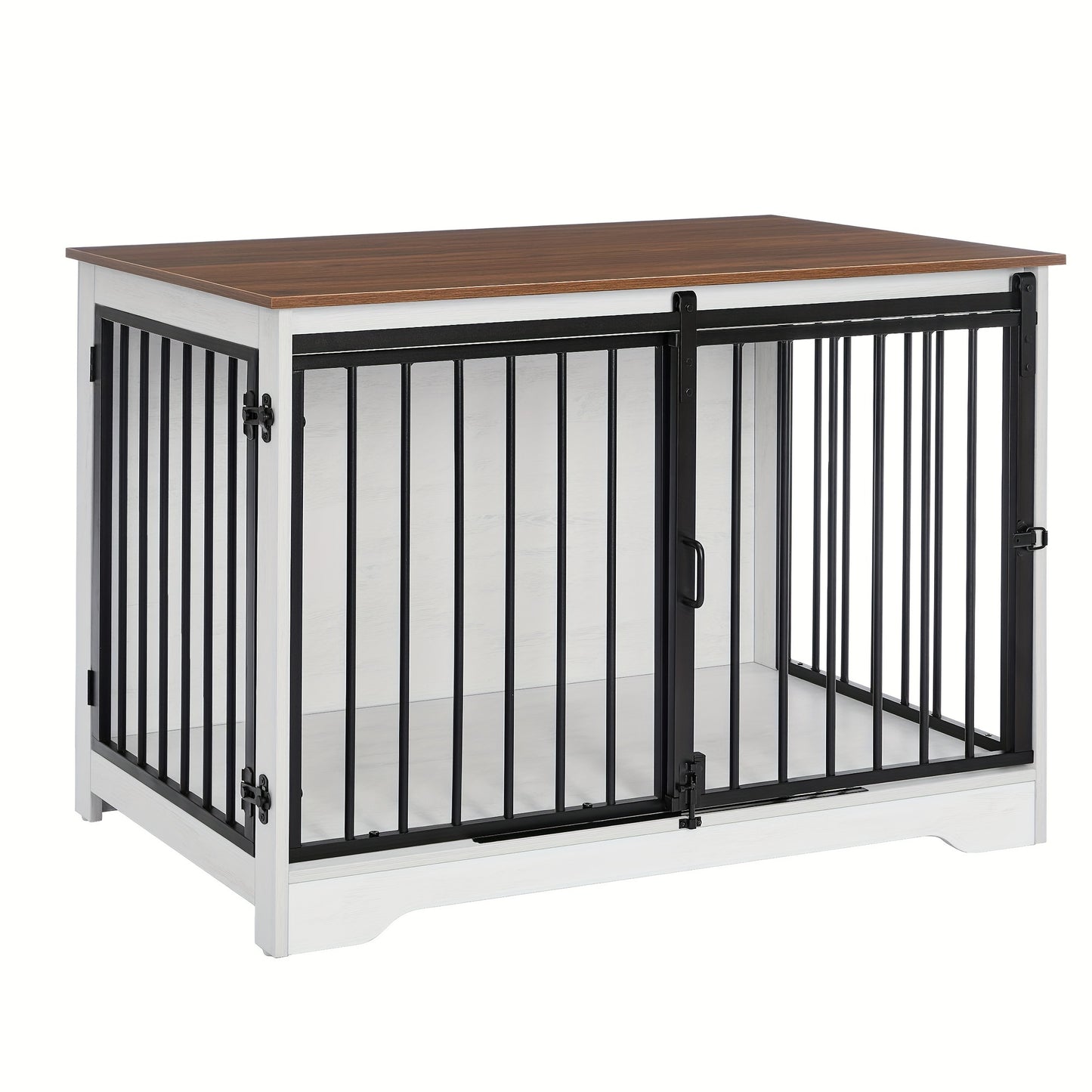Dog Crate Furniture, 100.08cm Double Door Dog Crate with Barn Door, Dog Kennel Indoor, End Side Table Wooden Dog Crate for Small Medium Large Dog, Anti-Chew Anti-Escape, Greige, White