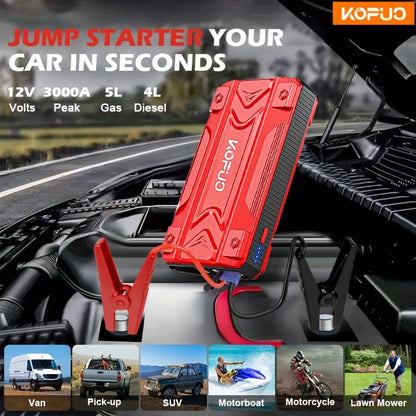 KOPUO Car Battery Jump Starter Portable 3000A: Supports 1.32gal Gas/1.06gal Diesel, with Safe Jumper Cables+Fast Charge+LED Light/SOS, Essential for Camping Trips/Long-Distance Road Trips/Vehicle Breakdowns