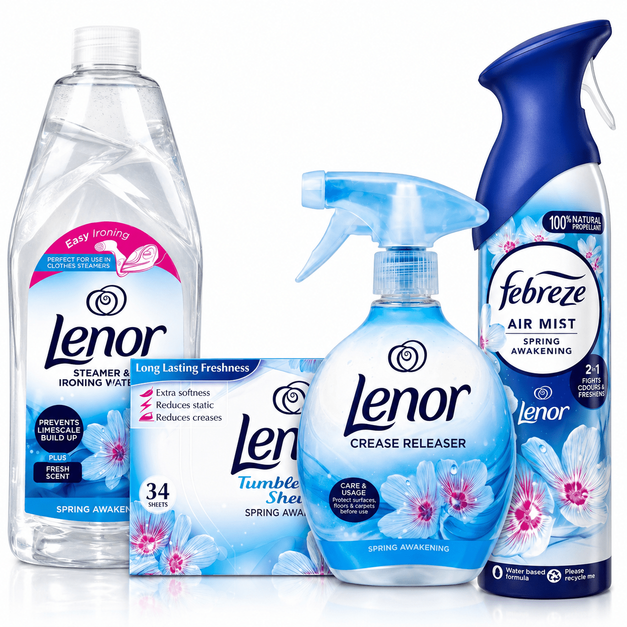 Lenor Spring Awakening Complete Laundry Care Bundle – Crease Releaser Spray, Tumble Dryer Sheets (34), Steamer & Ironing Water, Febreze Air Mist – Long Lasting Freshness & Easy Ironing