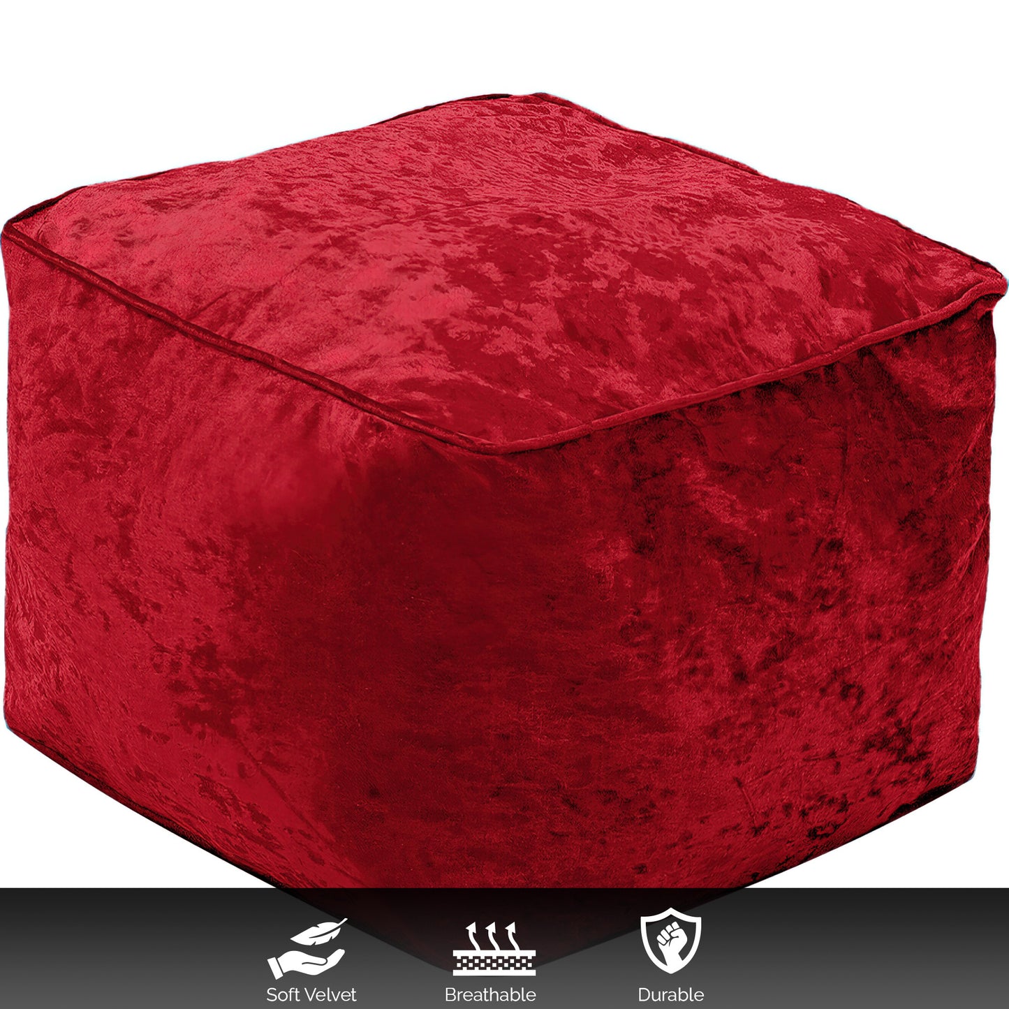Fully Filled Velvet Bean Bag Footstool – Cube Pouffe Seat, 40×40×30cm, Soft Crush Velvet, Square Shape, Ideal as Foot Rest or Extra Seating