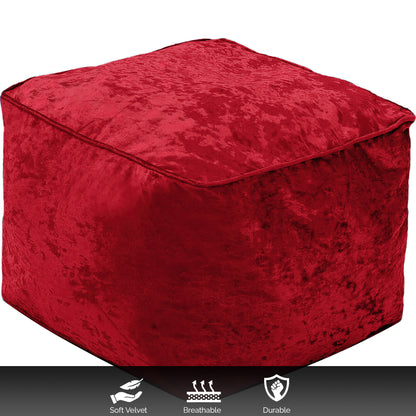 Fully Filled Velvet Bean Bag Footstool – Cube Pouffe Seat, 40×40×30cm, Soft Crush Velvet, Square Shape, Ideal as Foot Rest or Extra Seating