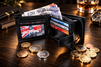 Men's Genuine Leather RFID Blocking Bifold Wallet – 7 Card Slots, ID Window, Zip Coin Pocket & Note Pockets | Slim Black Wallet for Men | Free UK Delivery