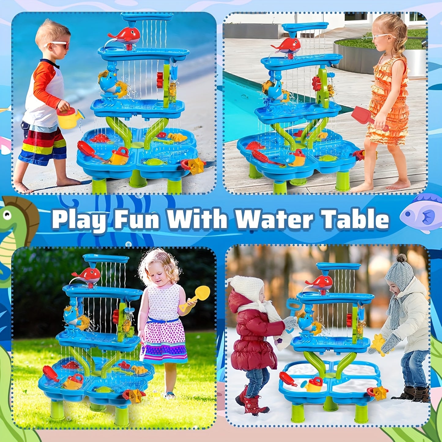 3/4 Tier Kids Sand And Water Table, 3-in-1 Sensory Play Table with Shovels, Buckets, Molds & Rake, Outdoor Activity Playset for Backyard & Beach