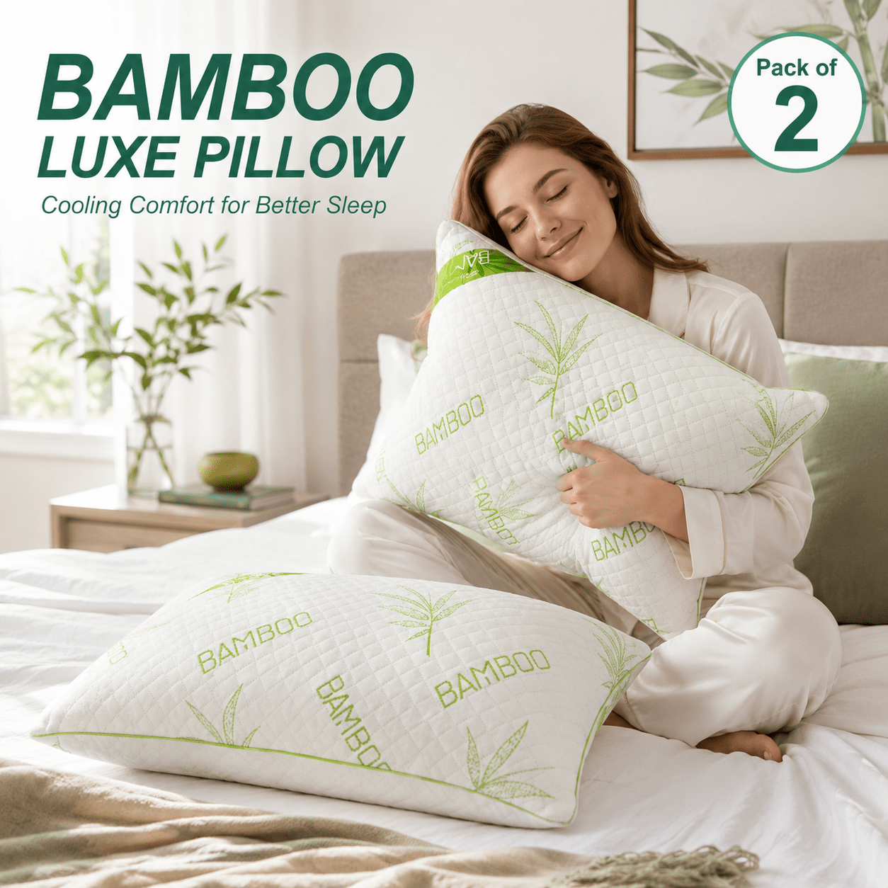 Bamboo Memory Foam Pillow Pack of 2 | Medium Firm Support for Neck & Shoulder Comfort | Soft & Breathable | 50x75cm | Ideal for Side, Back, and Stomach Sleepers | Removable Zip Cover | Durable Viscose Elastic Foam